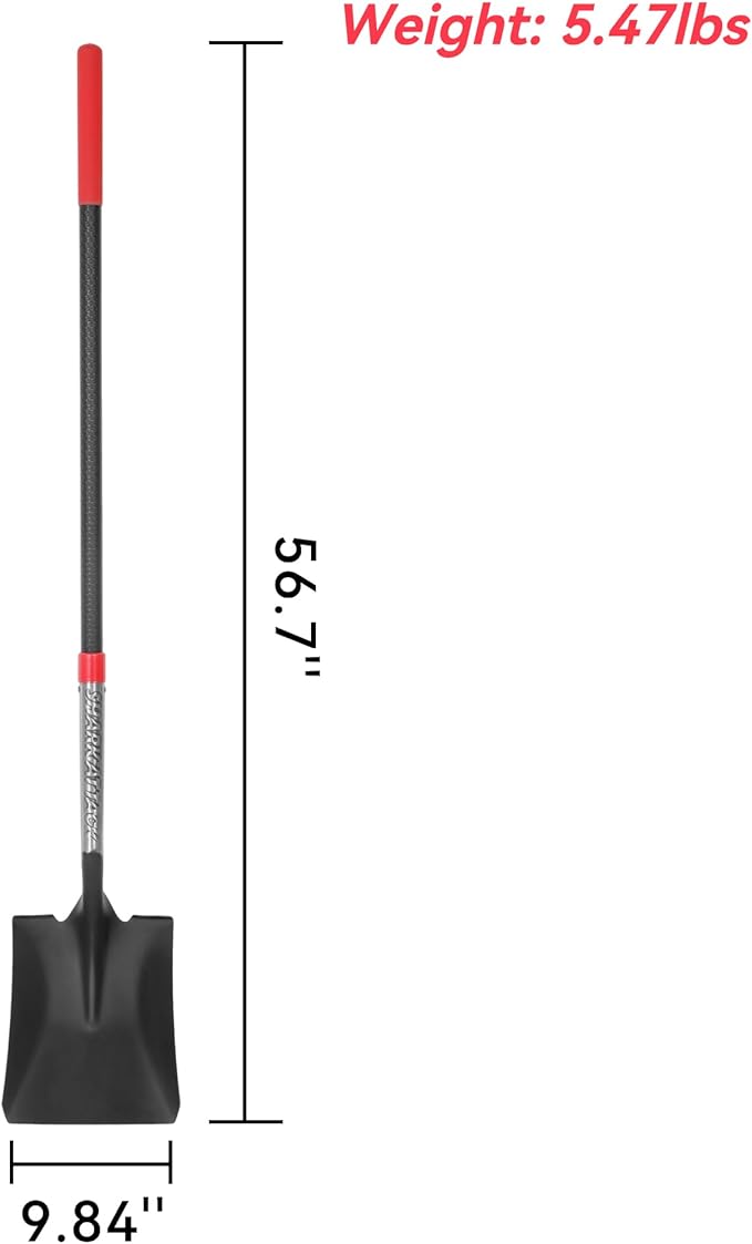 SHARK ATTACK Heavy Duty Garden Shovel, 56.7 Inch Square Head Spade Shovel with Powder Coated Steel & Non-Slip Grip for Gardening, Land Management, Yard Work, Farming and Outdoors