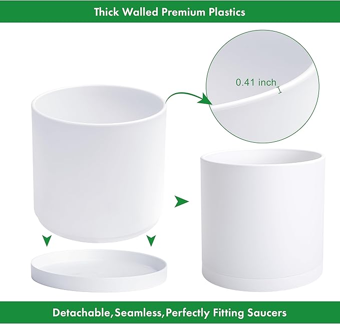 D'vine Dev 14 Inch White Plastic Planter Pots for Plant Pot with Drainage Hole and Seamless Saucers, 74-X-A-4