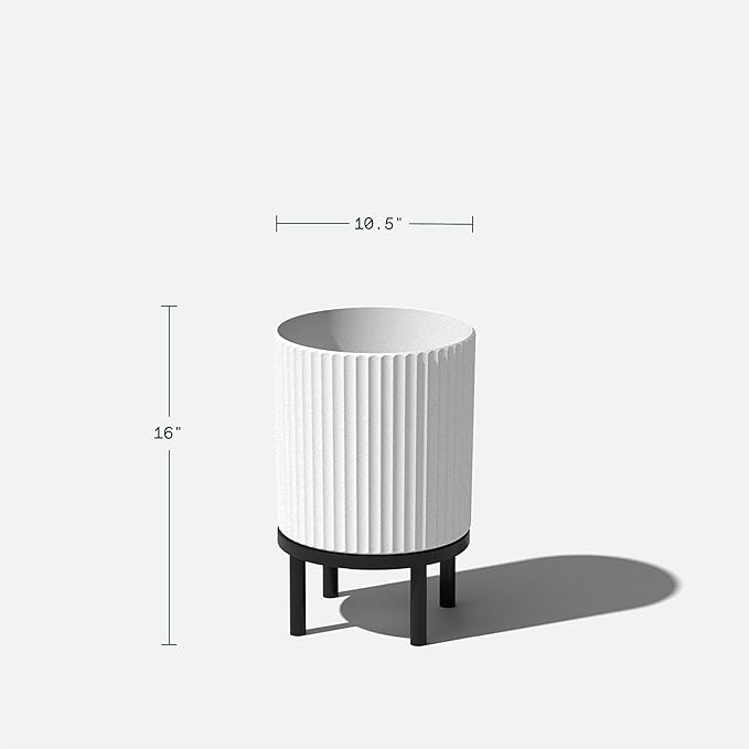 Veradek Demi Series Round Planter w/ Stand for Porch/Patio | Durable Plastic-Concrete & Wooden Stand | Modern Décor for Tall Plants, Flowers