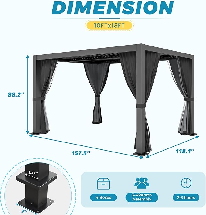 LVUYOYO Outdoor Louvered Pergola 10' x 13', Aluminum Pergola with Adjustable Roof, Waterproof Metal Gazebo with Curtains and Netting for Patio, Backyard, Garden, Deck (Black)