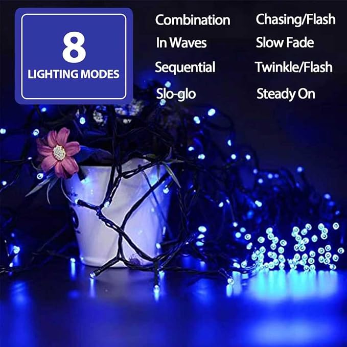 75.8 FT 200 LED Blue Christmas String Lights Outdoor & Indoor, Timer & Memory Function & 8 Modes, Extendable Ultra Bright Green Wire Mini Twinkle Lights for Xmas Tree Patio Holiday Party Garden Decor