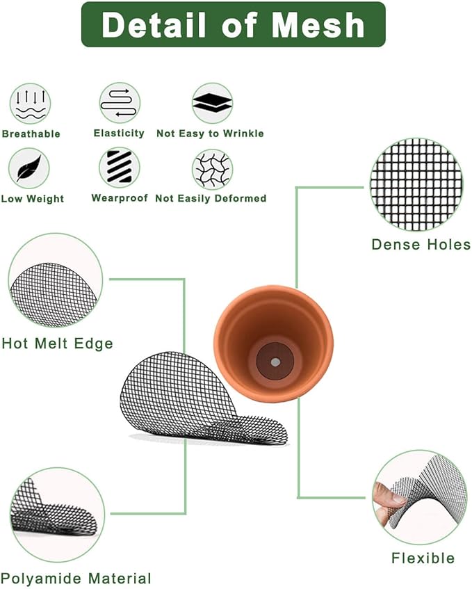 vensovo 200 Pcs Bonsai Pot Bottom Grid Mat Mesh Pad - 2 Inch Plant Pot Screen Gasket with Hot Melt Edge, Rounds Drainage Hole Keep Soil from Flowing Away