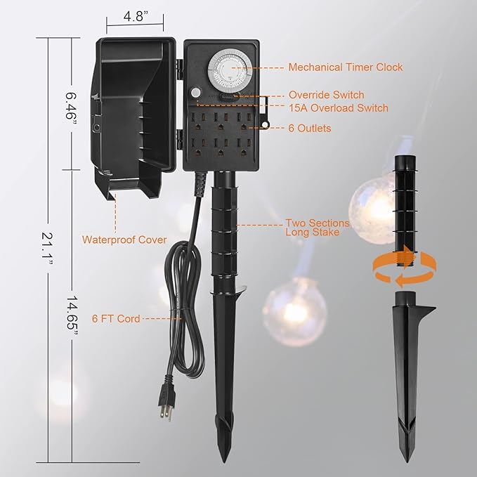 SURAIELEC Outdoor Power Stake Timer, 24-Hour Mechanical Light Timer, Electrical Power Strip Weatherproof, 6FT Extension Cord Multiple Outlet Plug for Patio Lights, Halloween Decorations, ETL Listed