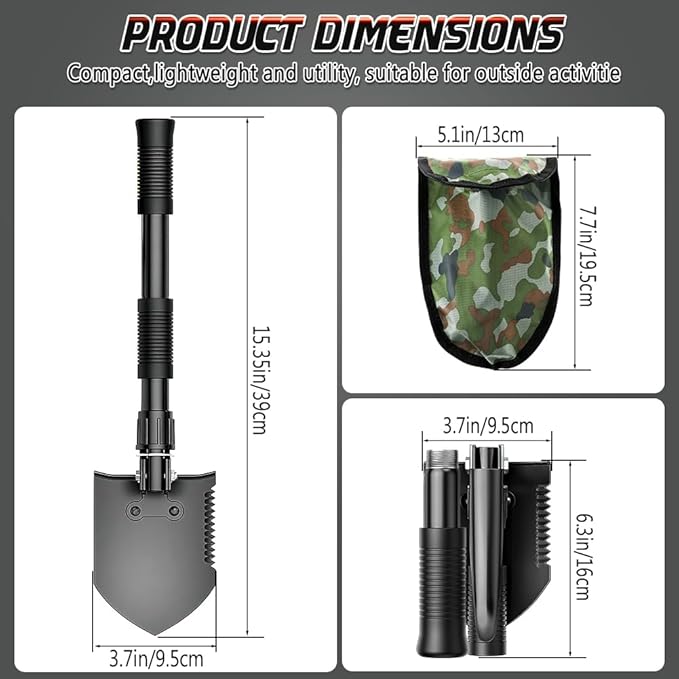 Folding Shovel, Overall Length 15.35 Inches, Foldable Design with Portable Bag, Made of Durable Materials, Serrated Edge, for Camping, Hiking, Gardening, Fishing & Emergencies (Black)