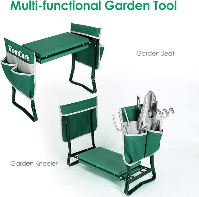 TomCare Upgraded Garden Kneeler Seat Widen Soft Kneeling Pad Garden Stools Garden Bench with 2 Large Tool Pouches Outdoor Foldable Gardening Gifts for Women Men Gardeners, Green