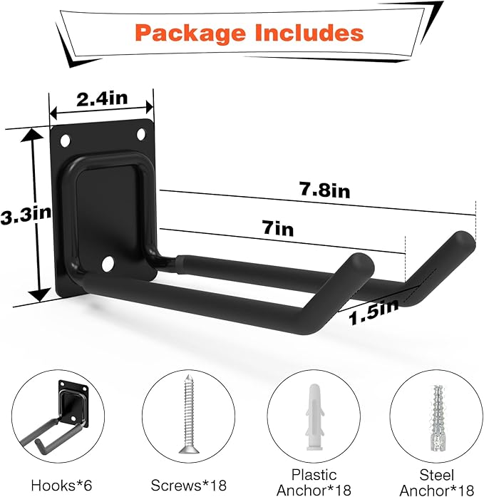 6 Packs 7.8inch Heavy Duty Garage Hooks, Garage Storage Organizer for Tool Organization, Shed Metal Utility Hooks Hanger for Tires, Bikes, Shed, Chair, Ladder, Ski and Snowboard