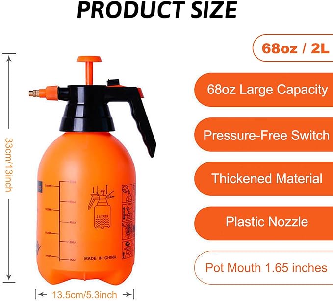 51oz/68oz Handheld Garden Pump Sprayer with Adjustable Nozzle Pressure Sprayer Hand Atomizer for Home Cleaning,Garden,Car Detailing & Washing (68ozOrange)