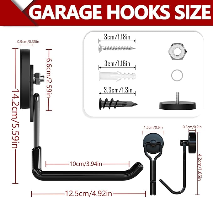 3-H Heavy Duty Magnet Garage Hooks 2 Pack, Extra Large Strong Magnetic Hooks for Hanging Cordless Power Drill, Utility Magnetic Tool Holder for Metal Cabinet, Steel Pegboard, Toolbox, Garage(Black)