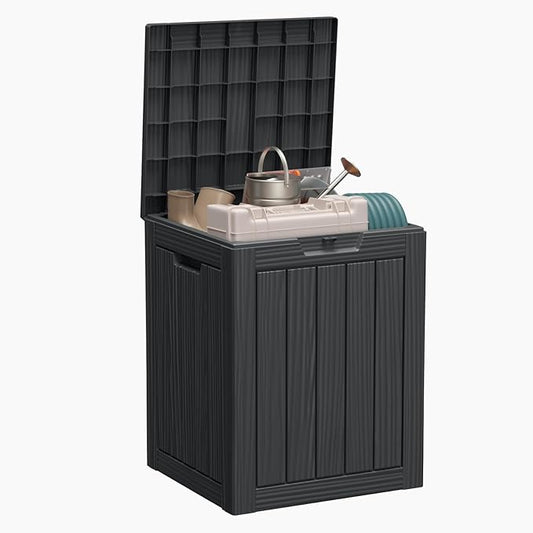 28 Gallon Outdoor Deck Box,Storage Lockable Waterproof Patio Furniture,Garden Tools,Cushions,Pool Accessories Outside Storage Resin Box(Black)