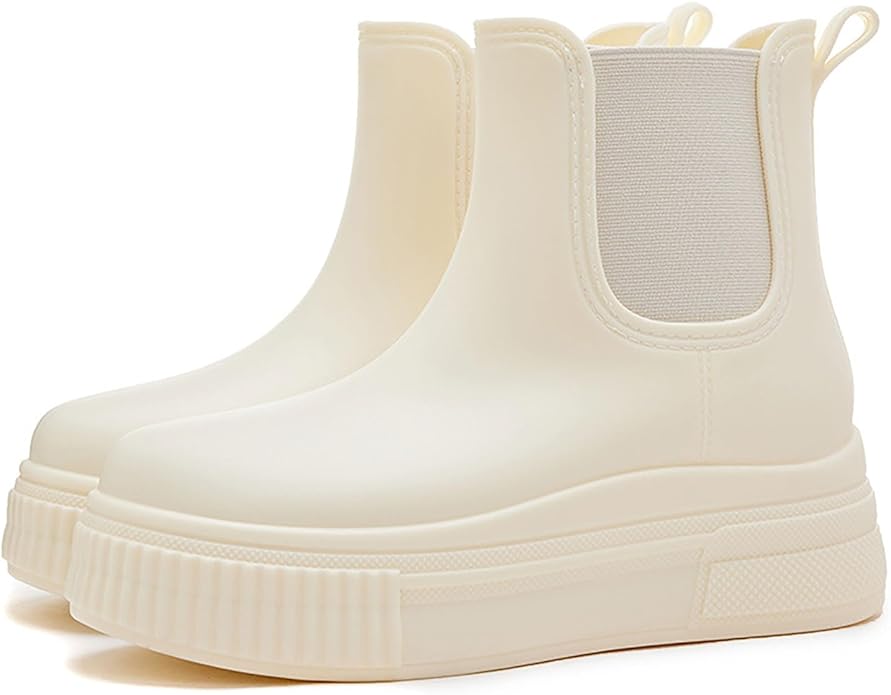 Women's PVC Chunky Platform Ankle Rain Boots Waterproof Slip On Anti-slip Chelsea Boots Comfort Wide-leg Elastic Band Outdoor Rubber Garden Work Rain Boots For Yard Farm