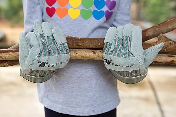 JustForKids Synthetic Leather Kids Garden Gloves Grey, 3-5 Years Old, Durable, Breathable, Non-Slip, Adjustable Safety Cuff, Child-Sized Work Gloves for Planting, Outdoor Play & DIY, 3 Pairs