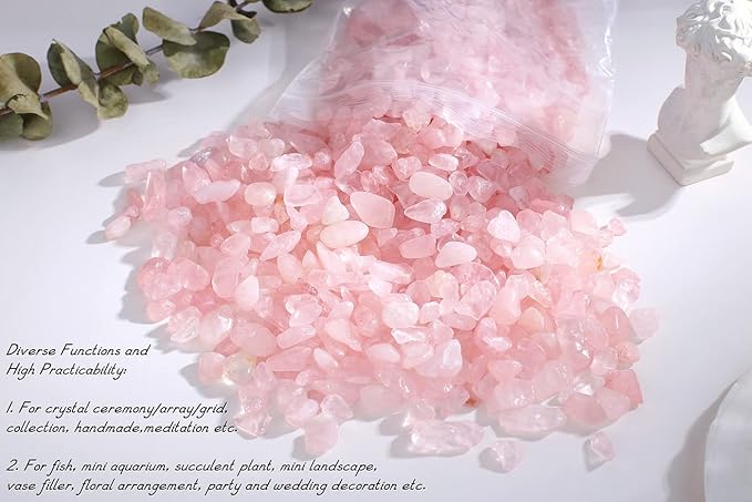 Rose Quartz Crystal Gravel Polished Rocks Chips Crushed Stones Healing Bulk Natural Tumbled Gem Home Decoration Pebbles Aquarium Tank Plants Landscape Vase Filler Bottom Ornament 0.9lb 14.1 OZ