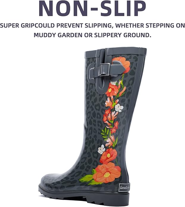 landchief Rain Boots for Women, Waterproof Ladies Tall Knee High Rubber boots,Comfort Garden Boots Anti-Slip Mid Heel Women Rain Shoes Outdoor