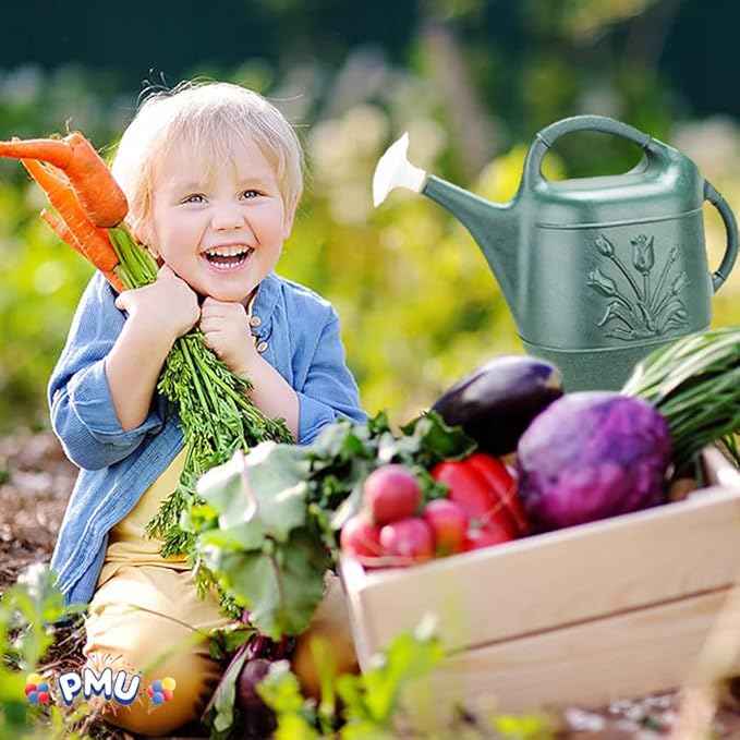 PMU 2 Gallon Watering Can - Garden Watering Can for Indoor & Outdoor Plants - Plastic Water Can with Detachable Sprinkler Head - Large Water Pot, Made in USA - Hunter Green Pkg/12