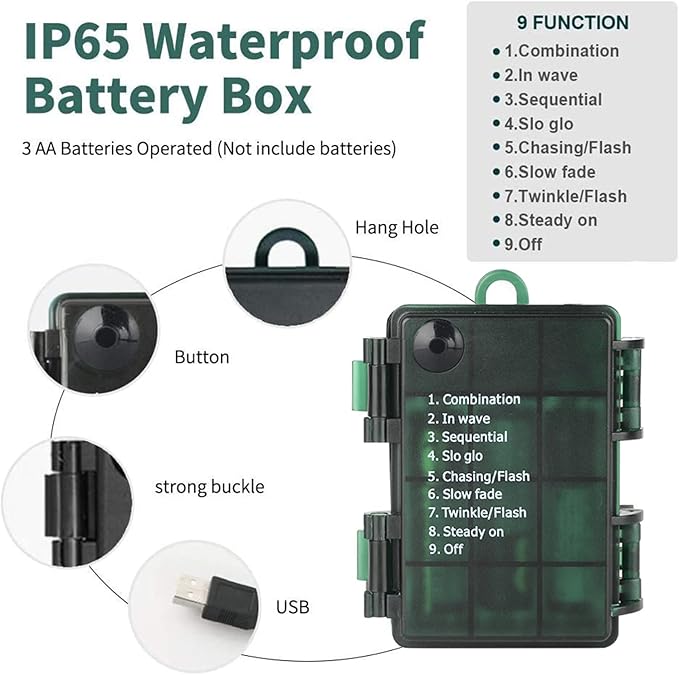 Christmas Lights 33ft 100 LED Battery String Lights with Timer Memory Function USB or Battery Powered Waterproof String Lights for Indoor Outdoor Decoration (Warm White)