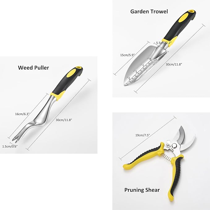 6Pcs Garden Tool Set, Includes Garden Shovel, Transplant Trowel with 4 inch Depth Marking, Hand Rake, Weed Puller, Garden Fork & Pruning Shear for Planting, Weeding, Pruning (6)