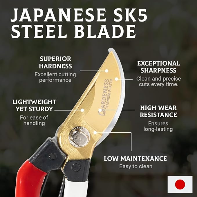 Gardeness Titanium Plating Japanese Pruning Shears, Professional Bypass Heavy Duty Garden Pruner Secateurs – Lightweight Easy Grip Branch Clippers Hand Pruners for Gardening, Trimming, Harvesting.