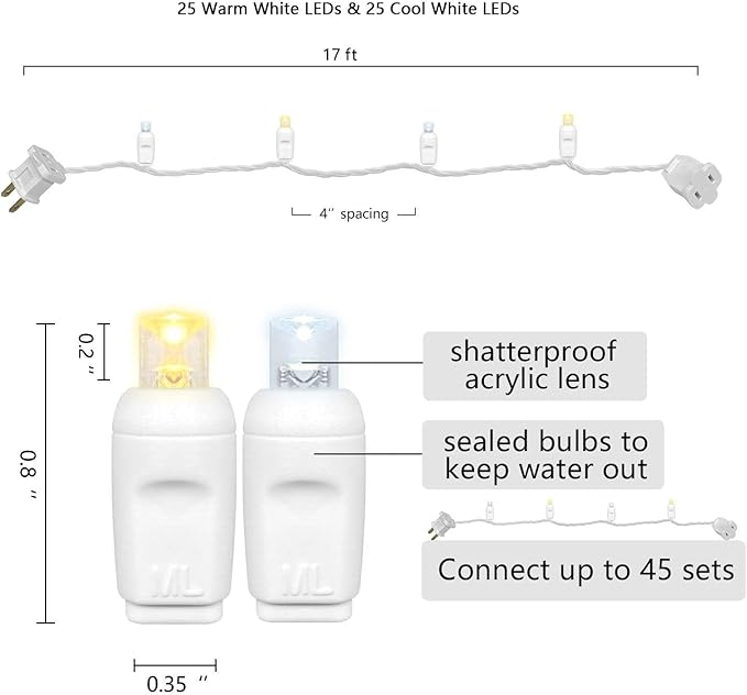 5MM Christmas Lights Warm White and Cool White LED String Lights, 50 LEDs 120V UL, 17FT White Wire Christmas Lights for Indoor & Outdoor Use, Holiday Party Decorations,Trees, Light Displays