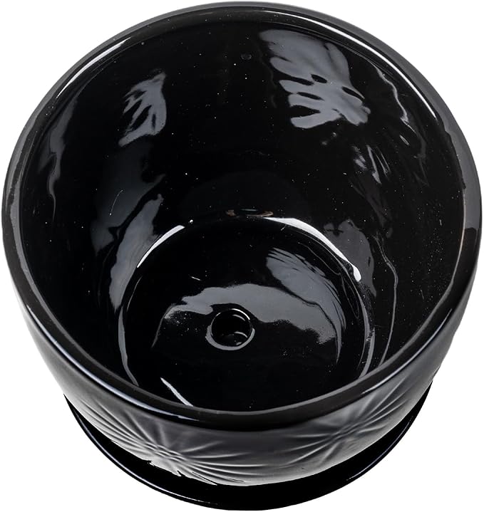 MyGift 7 Inch Glossy Black Ceramic Plant Pot with Drainage Hole and Attached Saucer, Modern Decorative Embossed Sunburst Planter Container for Indoor Home Garden