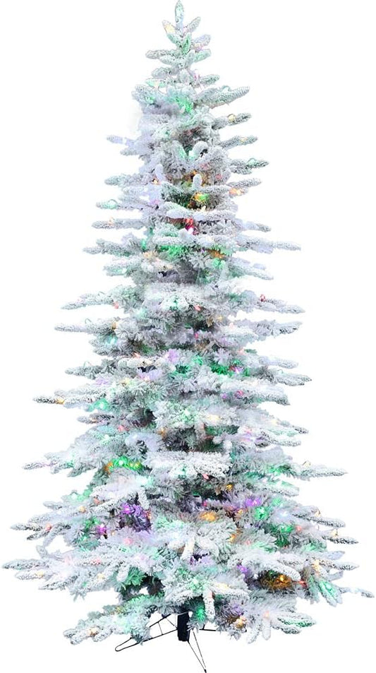 Fraser Hill Farm 12-ft. Pine Valley Flocked Christmas Tree with Dual Multicolor & Warm White LED Lights, Snowy and Modern Tree with Remote Control, Artificial Tree for Indoor Holiday Decor