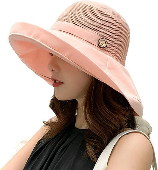 Women Wide Brim Sun Hats Metal Wired Edge Summer UV Protection Beach Fishing Hat for Hiking Garden Travel Chin Strap