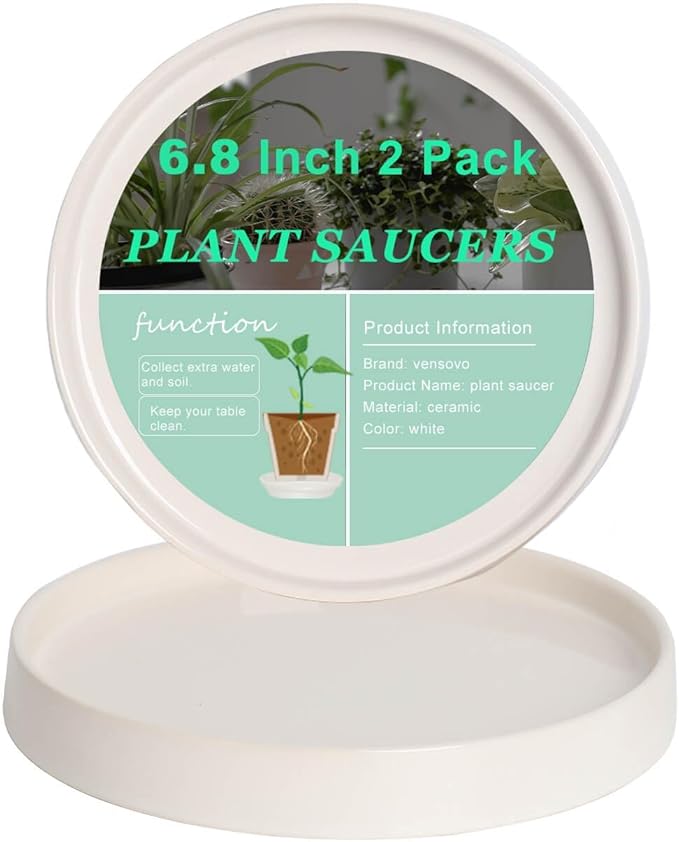 vensovo 7 Inch White Ceramic Plant Saucer Pots Tray -2 Pcs Round Planter Saucers for Indoor & Outdoor Plants, Large Trays Perfect for 5 Inch 6Inch Flower Pot
