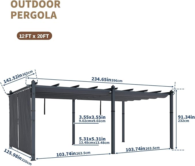 Garvee 12x20 Ft Aluminum Pergola Oversize Outdoor Metal Gazebo with Retractable Canopy Outdoor Shelter for Modern Backyard Deck Porch Grape Trellis(Gray)
