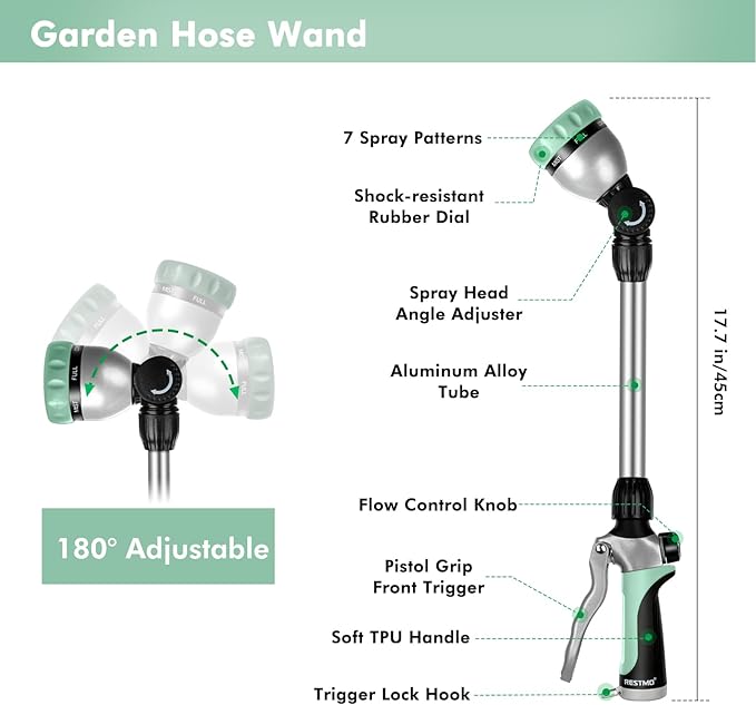 RESTMO Metal Watering Wand, Heavy Duty Garden Hose Wand with 180° Swivel Ratcheting Head, 16'' Hose Nozzle Sprayer with 7 Spray Patterns and Flow Control, for Water Hanging Baskets and Shrubs, Cyan