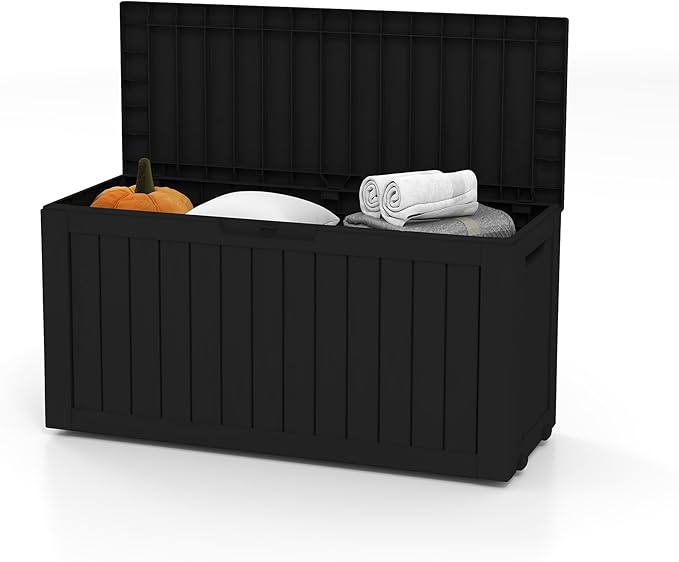 80GAL Black Resin Deck Box - Large Waterproof Storage for Patio Furniture, Pool Floats & Garden Supplies - Lockable, UV-Resistant for Backyards, Pool Decks