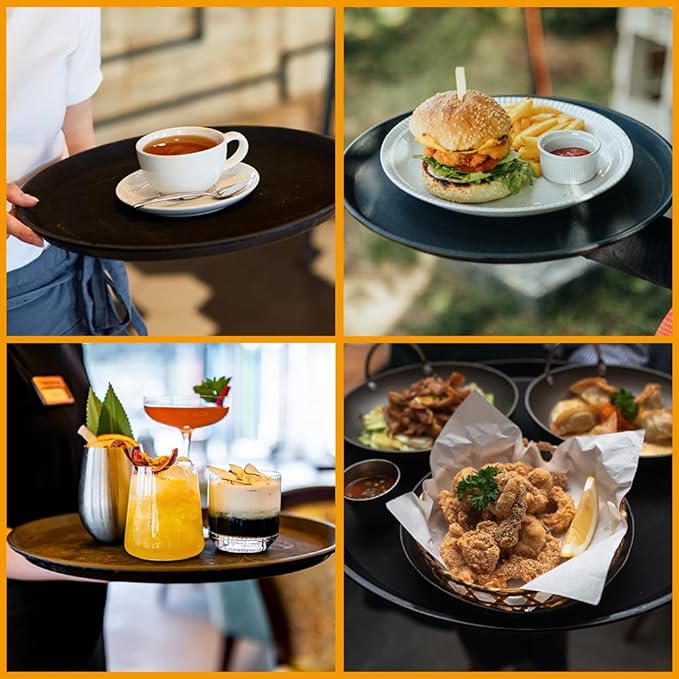 8 Pcs 14 Inch Black Round Restaurant Serving Tray - Plastic Food Meals Server Tray with Raised Edges Non-Slip Surface for Home Kitchen Restaurant Cafeteria Bar