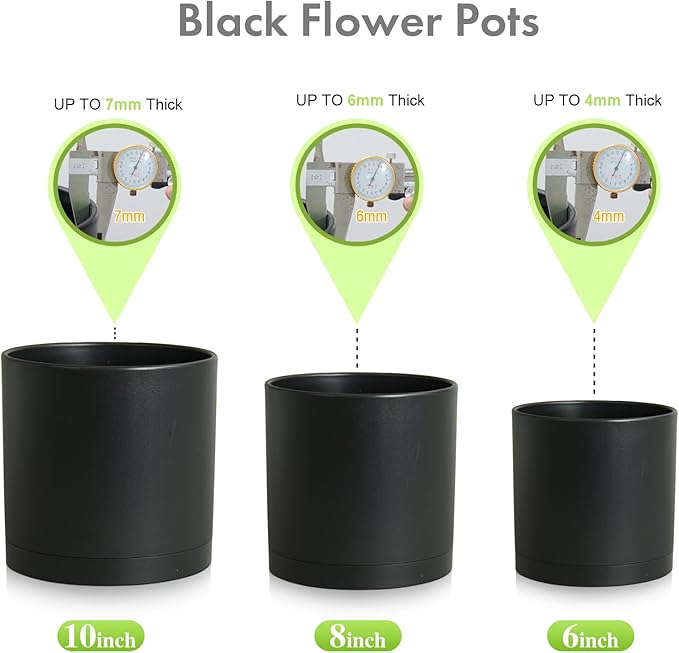 10/8/6 inch Large Deep Plant Pots for Outdoor Indoor Plants, 3 Pack Tall Cylinder Flower Pots with Drainage Holes and Saucers, Big Plastic Planter Pots for Garden House Porch, Black