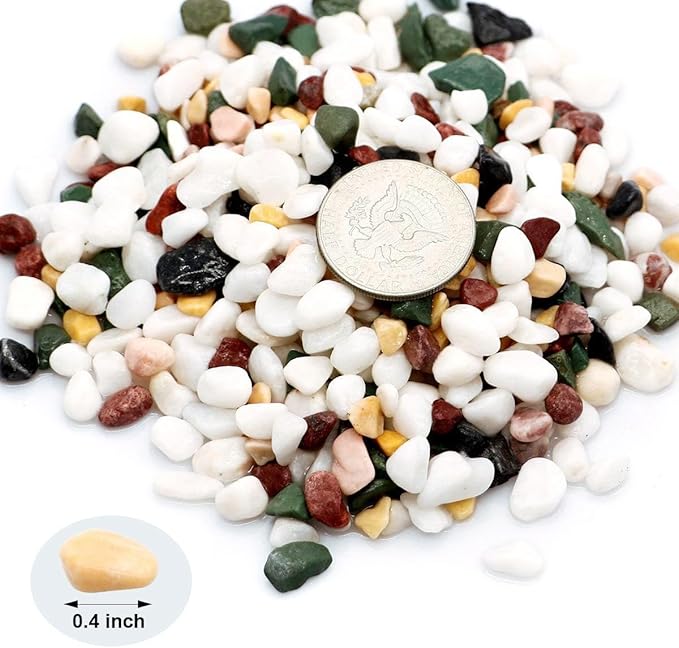 Natural Decorative Pebbles Rocks Polished Tterrarium Gravel White Stones with Red, Green, and Yellow Pastel Accents Mixed Color Aquarium Stones Garden Accessories Top Dressing for Bonsai Potted 2.2lbs