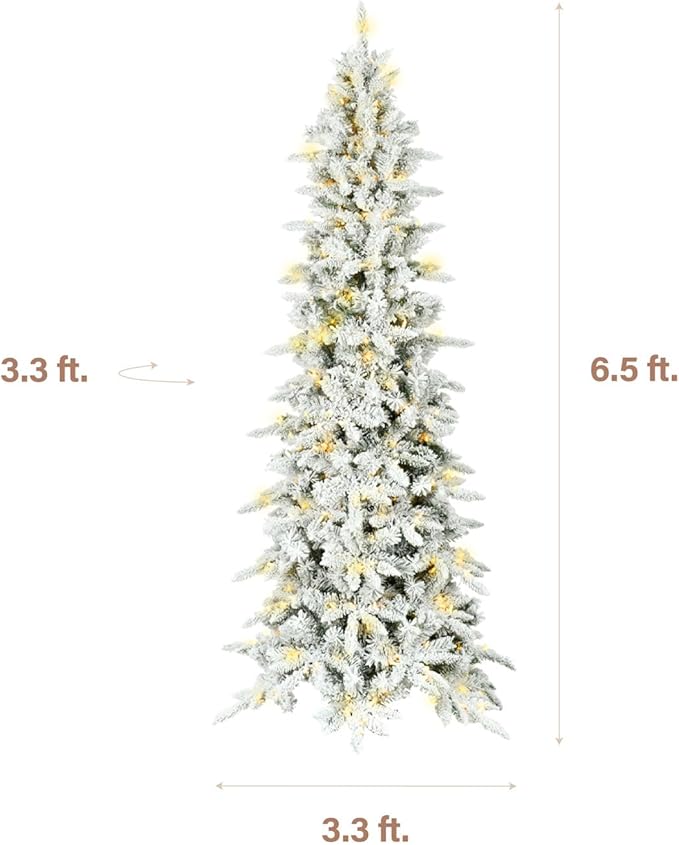 Fraser Hill Farm 6.5-Ft. Slim Mountain Pine Flocked Artificial Christmas Tree with Warm White LED Lights and Stand, Prelit Foldable Fake Tree with Realistic Snowy Foliage for Home Decoration