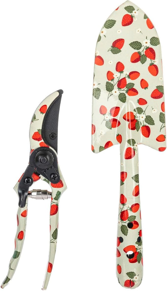 Ganz Garden Fashion Hand Tool Planting Trowel Shovel and Pruning Shear Starter Kit Metal Strawberry Set of 2