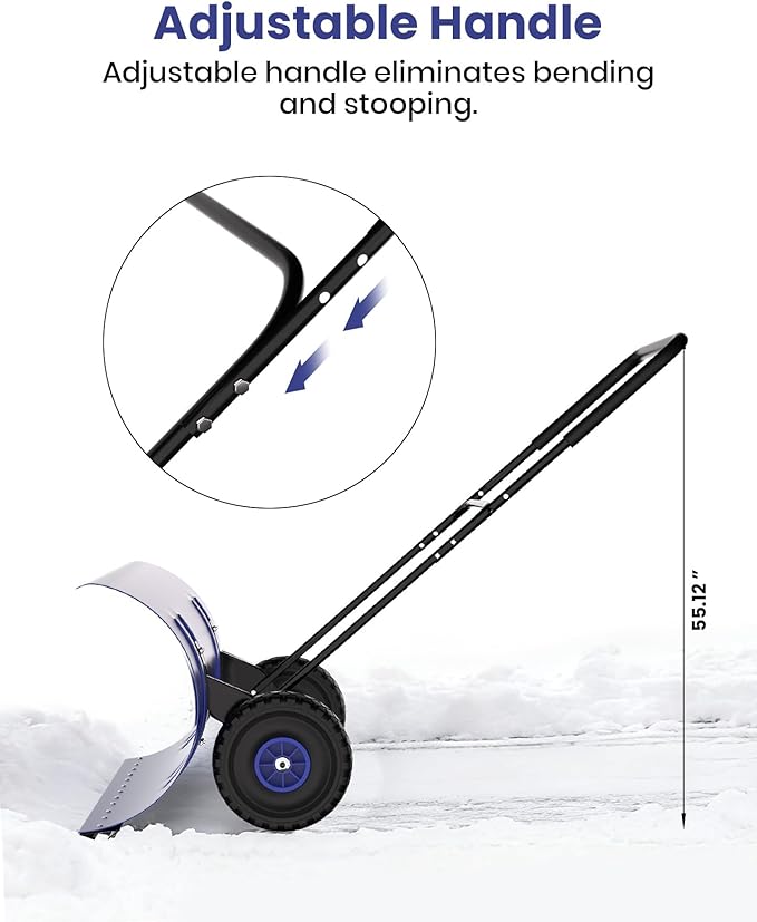 36" Snow Pusher Shovel with Wheels, Adjustable Ergonomic U-Handle Snow Plow for Driveway, Heavy Duty Wheeled Rolling Shovels for Driveway and Sidewalks with Angeled Blade
