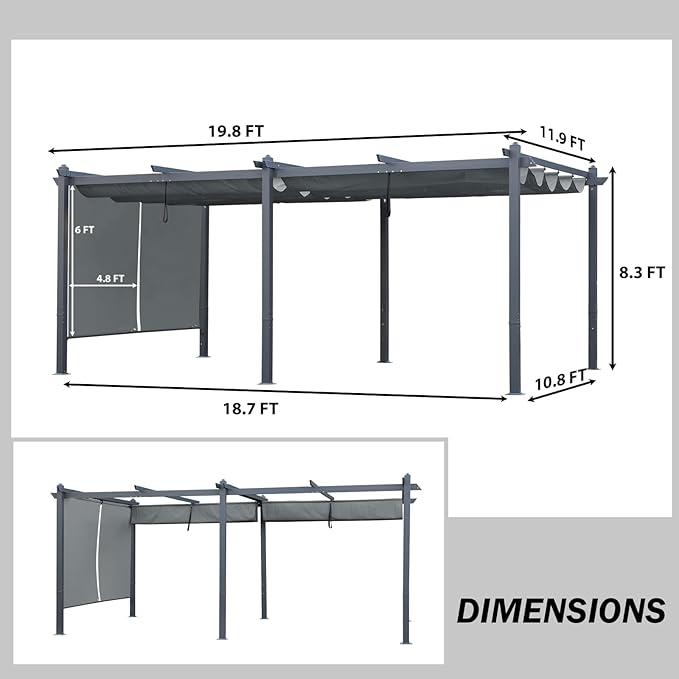 BPS 12x20 FT Outdoor Pergola - Retractable Shade Canopy with Aluminum Frame & Roller Shade Curtains for Patio, Backyard, or Deck, Gray