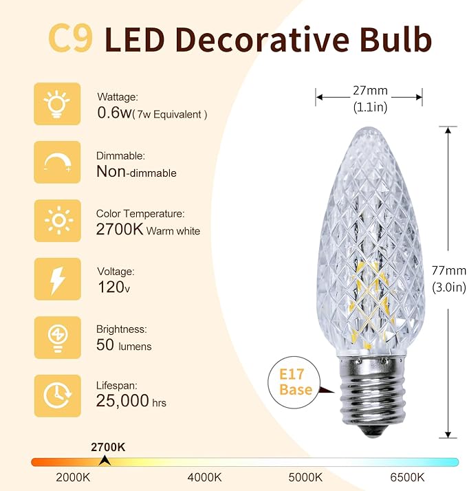 50 Pack C9 Led Replacement Christmas Light Bulb, Warm White C9 Shatterproof Led Bulbs for Indoor Outdoor Decorative String Light, E17 Base