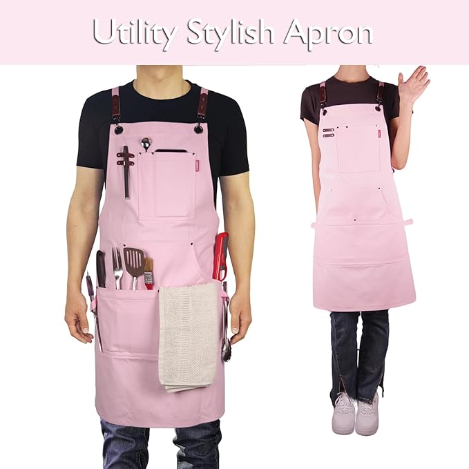 Kitchen Apron, Work Apron, Canvas, Multiple Pockets, Gardening, Painting, BBQ, Artist, Carpenter, Sizes M to XXL, Pink