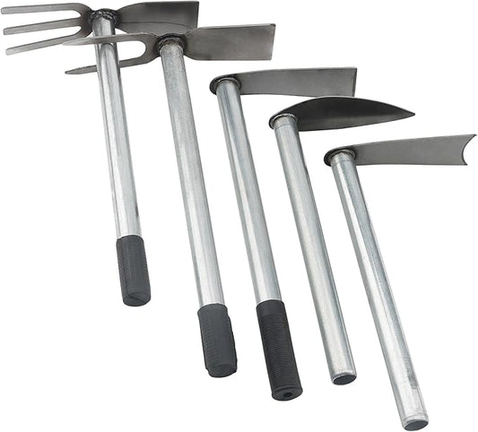 5 PCS Hoe Garden Tool Set, Hoe and Cultivator Hand Tiller, Heavy Duty Digging Hoes, 2 Fork and 3 Fork Hand Tiller for Gardening Weeding Digging Loosening Soil, Carbon Steel