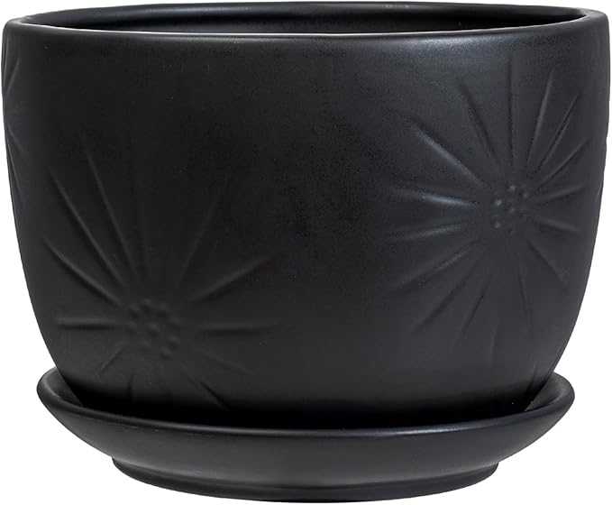 MyGift 7 Inch Round Matte Black Ceramic Plant Pot with Drainage Hole and Attached Saucer, Modern Decorative Embossed Sunburst Planter Container for Indoor Home Garden