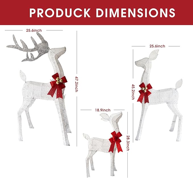 4ft Outdoor Lighted 3D Reindeer Christmas Decorations, 3-Piece Reindeer Family Set with 240 LEDs, Bells, Red Bows, Durable All-Weather Metal Frame for Yard, Garden, Indoor Holiday Decor