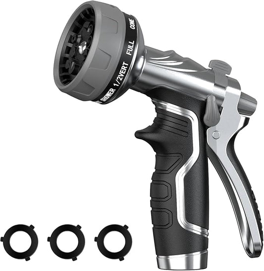 Garden Hose Nozzle, Heavy Duty Metal Water Hose Nozzle with 8 Adjustable Spray Patterns, High Pressure Hand Sprayer with Flow Control for for Garden Watering, Car & Pet Washing