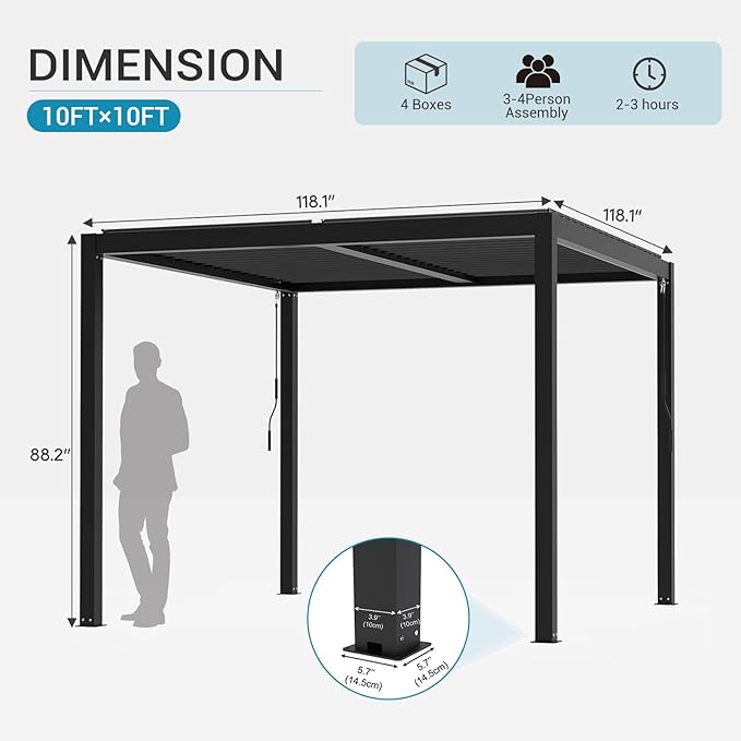 LVUYOYO Outdoor Louvered Pergola 10' x 10', Aluminum Pergola with Adjustable Roof, Waterproof Metal Gazebo for Patio, Backyard, Garden, Deck (Black)