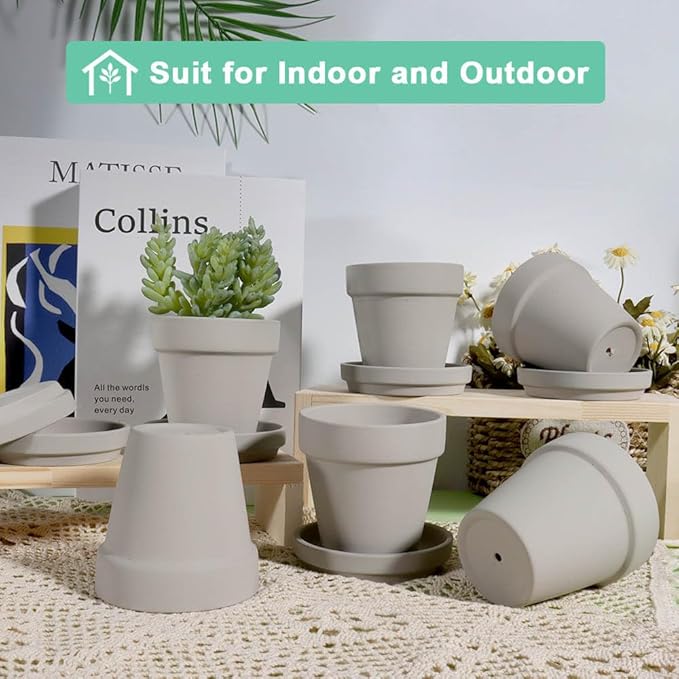vensovo 3 inch Grey Terracotta Clay Pots for Plants with Saucer - 12 Pack Small Terra Cotta Planter Great for Garden Windowsill Indoor & Outdoor Wedding Favors Gifts