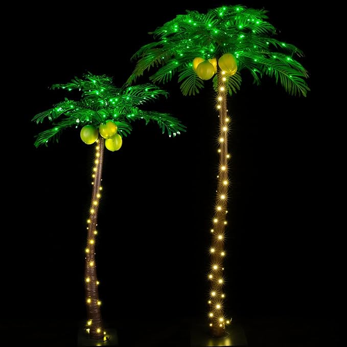 Lighted Palm Tree Set 5ft and 7ft with Glowing Coconuts - Dimmable, UL Certified, Waterproof - Ideal for Indoor and Outdoor Decoration
