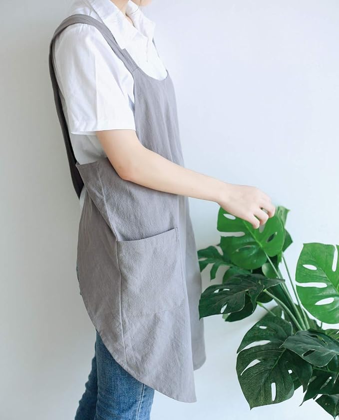 NEWGEM Japanese Linen Cross Back Cooking Aprons for Women Men with Pockets Cute for Baking Kitchen