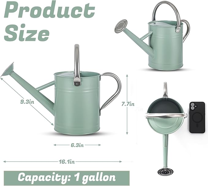 1 Gallon Watering Can for Plants, Watering Cans for Indoor&Outdoor Gardening, Galvanized Steel Watering Pot with Removable Spout, Metal Water Can with Ergonomic Movable Handle(Cream Green)