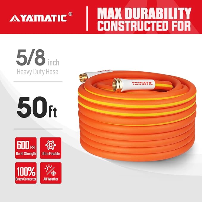 YAMATIC 50 FT Heavy Duty Garden Hose 5/8 inch, Super Flexible Water Hose, Drinking Water Safe, All-weather, 600 PSI, Easy to Coil, Durable, No Leaks