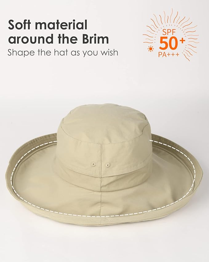 Sun Hats for Women Gardening Hat Wide Brim Ponytail Beach Sun Protection Breathable Cotton Summer Hat with Fold-Up Brim