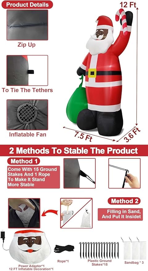 12 Ft by 7.5 Ft Giant Black Santa Christmas Inflatable Outdoor Decoration, Santa Claus Blow Up Inflatable with Candy Cane Gift Bag, Black Christmas Yard Decor Built-in LED Light for Xmas Lawn Garden